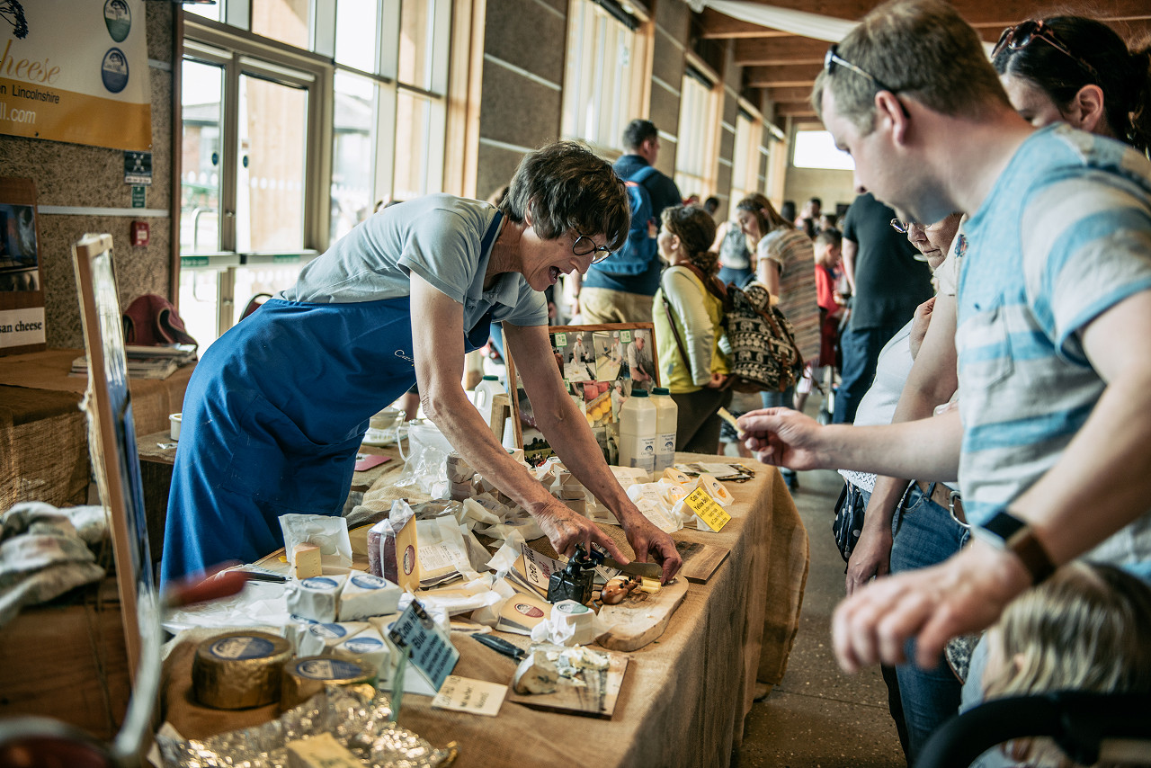 Indoor food and craft market at LincsFest at the Lincolnshire Showground, 15 August 2021